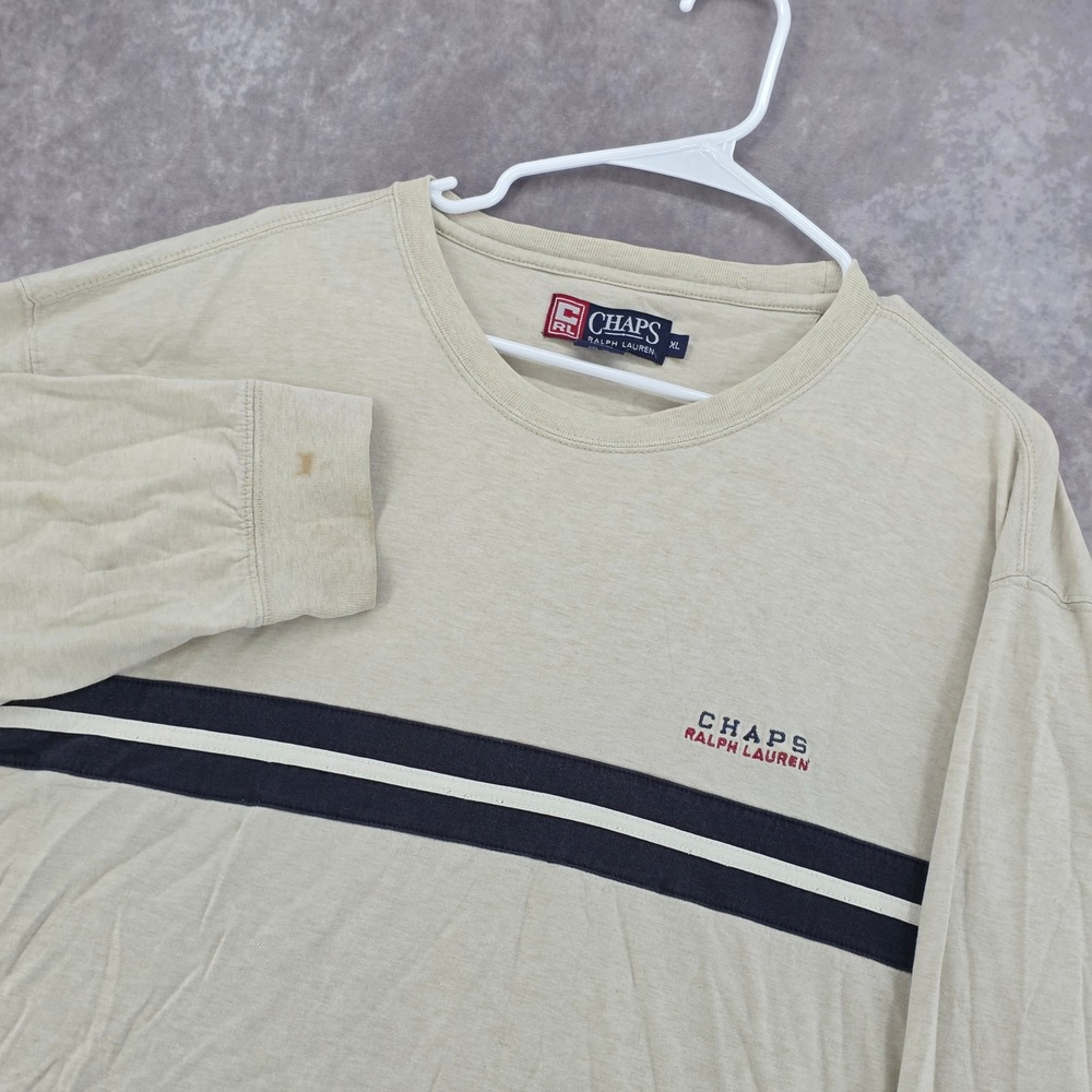 Vintage Chaps Ralph Lauren Long Sleeve T-Shirt XL Tan Blue Stripe Cotton Linen